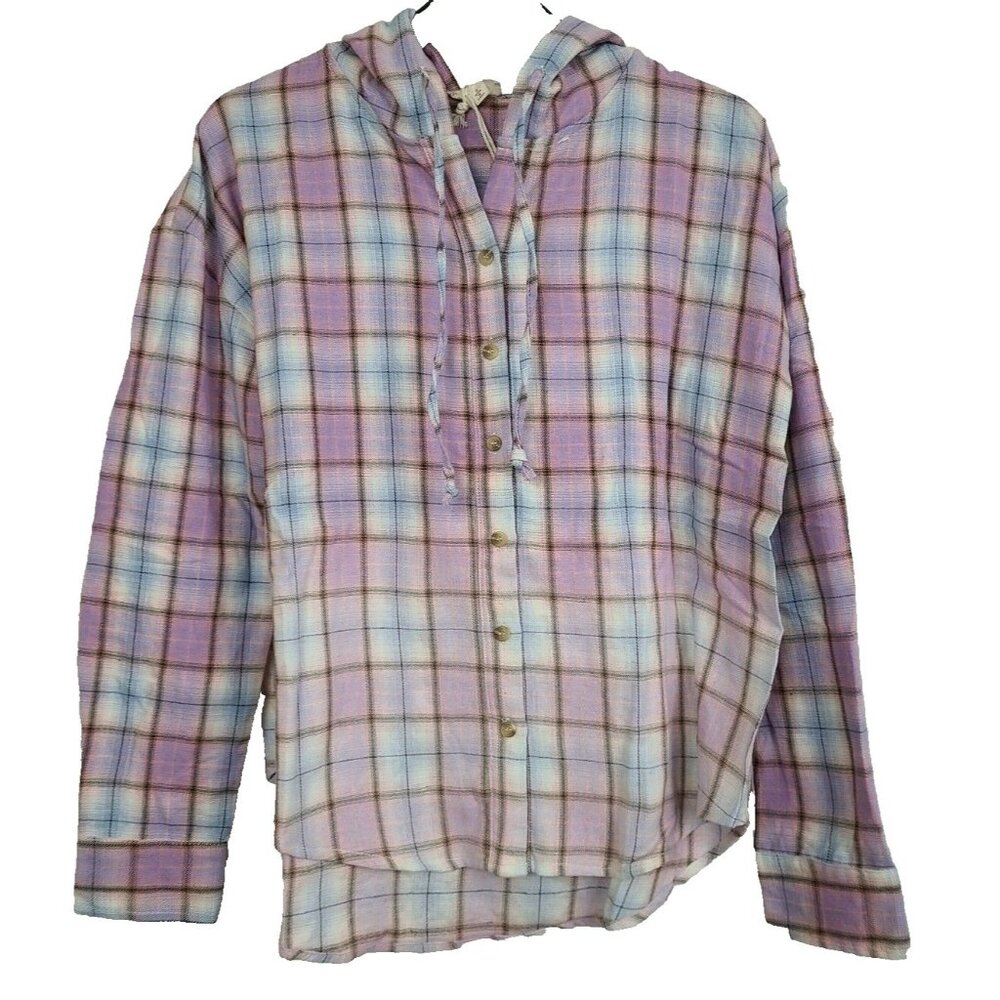 Hem and Thread Womens Hooded Shirt Medium Purple Plaid Deep Dye Button‎ Up BOHO